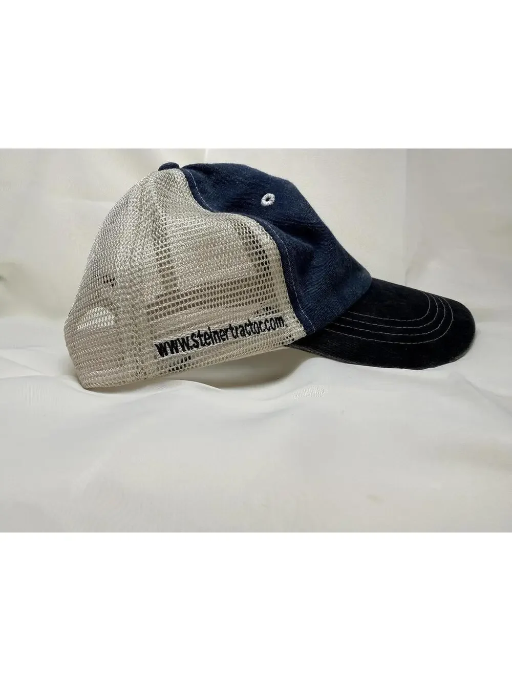 Steiner Tractor Parts Mesh Trucker Hat Blue Tan Leather Patch Snapback